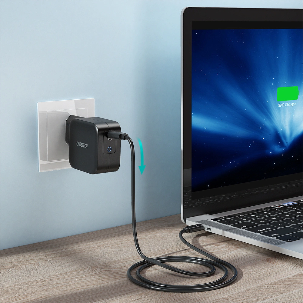Ładowarka sieciowa Choetech Q6006 GaN USB-C 60W PD + kabel USB-C/USB-C 1,8m czarny