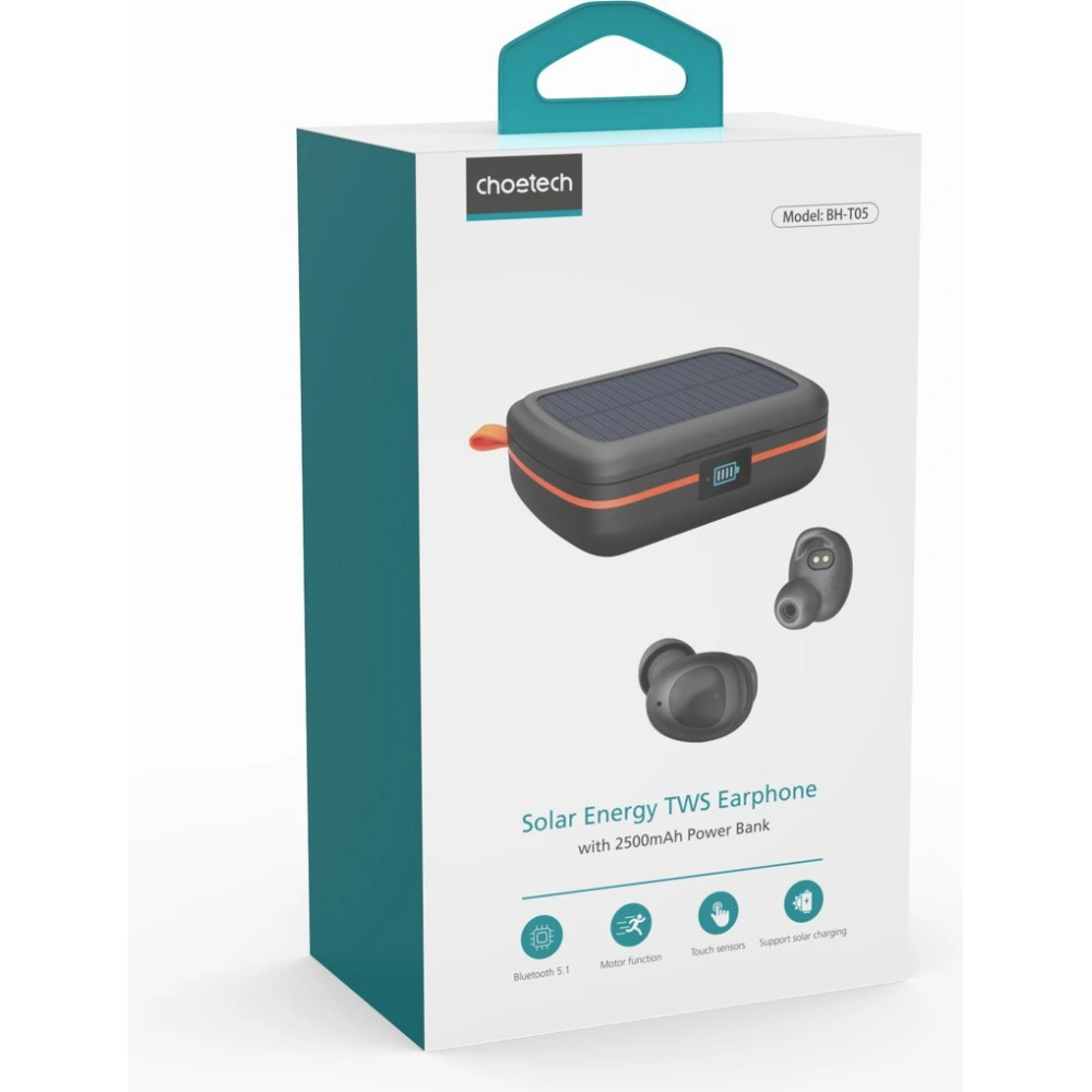 Słuchawki TWS Choetech BH-T05 wodoodporne z panelem słonecznym i powerbankiem 2500mAh czarny