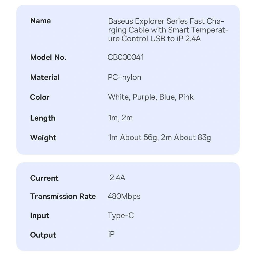 Kabel Baseus Explorer Series USB-A/Lightning 1m 2.4A (biały)