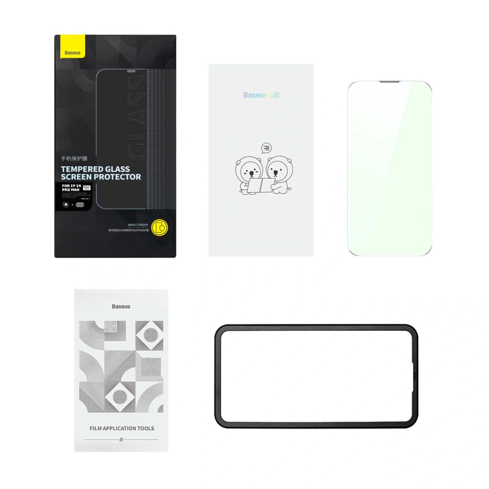 Szkło hartowane Baseus Anti Blue Light 0.3mm Glass Apple iPhone 14 Pro Max z filtrem przeciwpyłowym + ramka montażowa