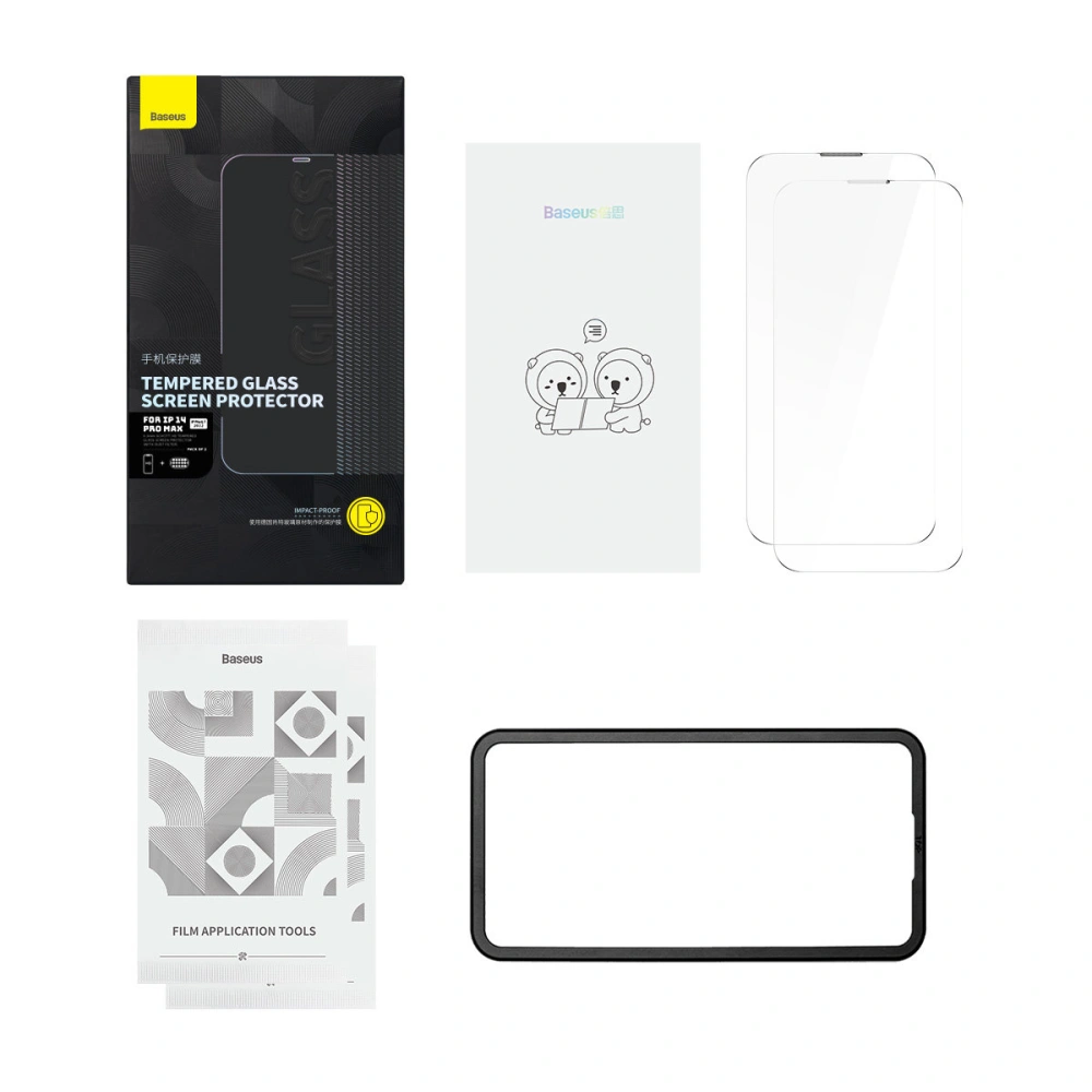 Szkło hartowane Baseus 0.3mm Glass Apple iPhone 14 Pro Max z filtrem przeciwpyłowym + ramka montażowa