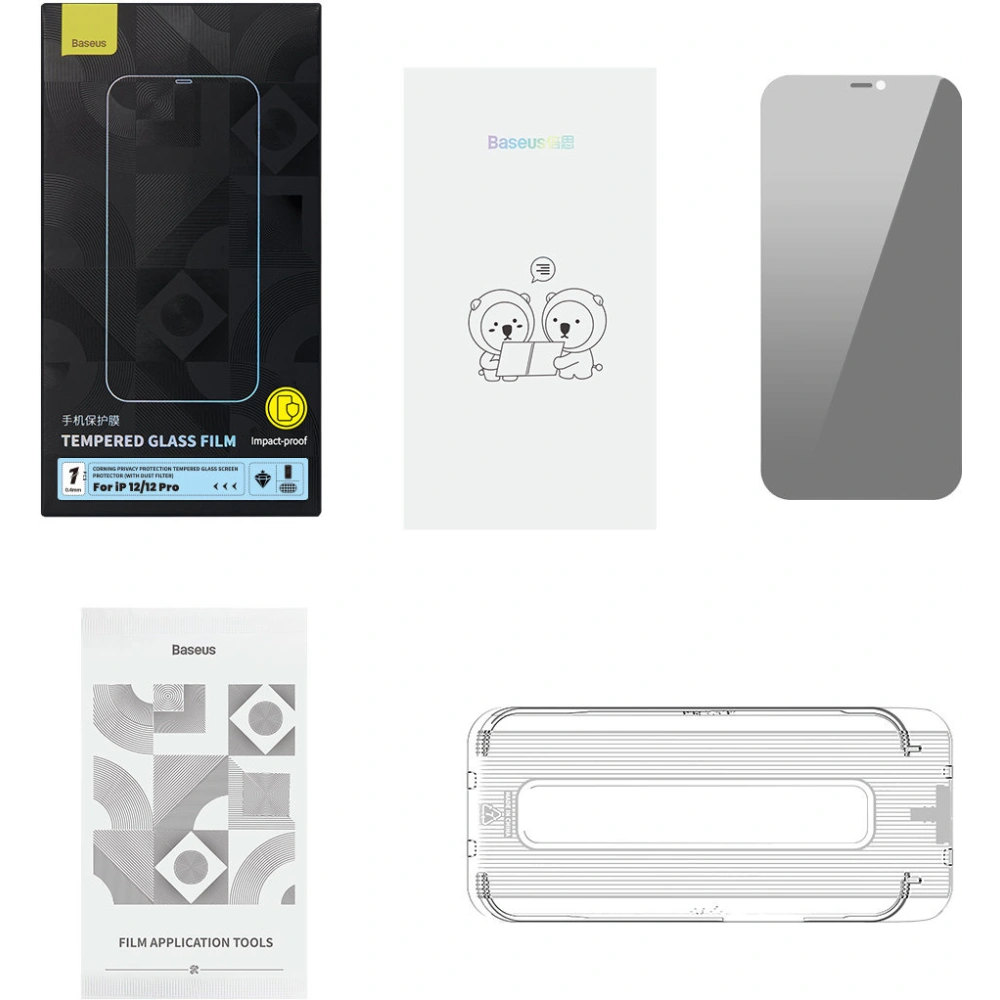 Szkło hartowane Baseus Privacy 0.3mm Glass Apple iPhone 12/12 Pro + ramka montażowa