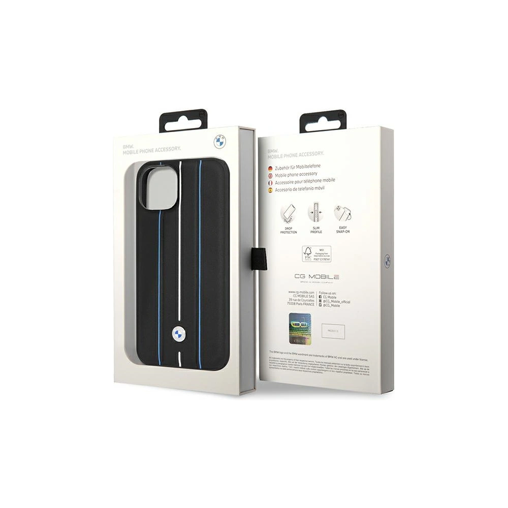 Etui BMW BMHCP14S22RVSK Apple iPhone 14 czarny/black hardcase Leather Stamp Blue Lines