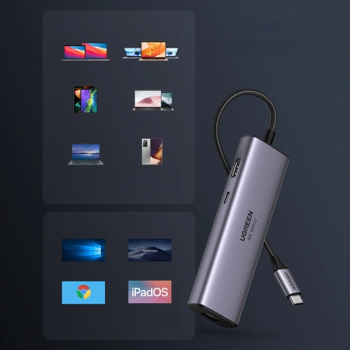 Kup UGREEN CM512 7-in-1 USB-C Hub/2xUSB 3.2 Gen 1/HDMI 4K 60Hz/ SD und TF Kartenleser/USB-C PD 100W/RJ45 1000Mbps (1Gbps) grau - UGR1648 - {ean13} - Sklep Home Screen