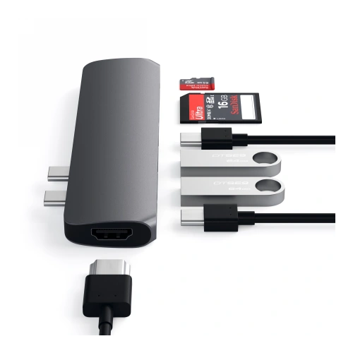 Kup Satechi HUB-Adapter Pro Hub Adapter mit dualem USB-C an MacBook (2x USB-C, 2x USB-A, 4K HDMI, micro/SD-Kartenleser) (spacegrau) - STH65 - {ean13} - Sklep Home Screen