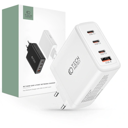 Kup Tech-Protect Încărcător de rețea NC100W-GaN Încărcător de rețea cu 4 porturi PD 100W QC 3.0 Alb - THP2167 - {ean13} - Sklep Home Screen