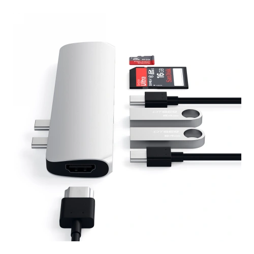 Kup Satechi Apple Hub Adapter Pro mit dualem USB-C auf MacBook 2x USB-A, 4K HDMI, micro/SD Kartenleser (silber) - STH77 - {ean13} - Sklep Home Screen
