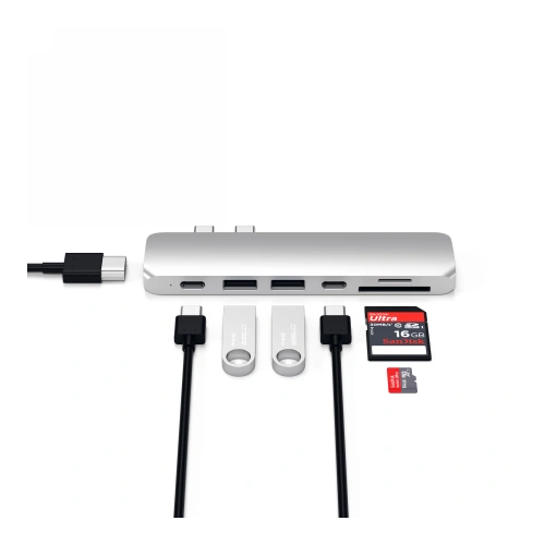 Kup Hub Adapter Satechi Pro dupla USB-C porttal az Apple MacBookhoz 2x USB-A, 4K HDMI, micro/SD kártyaolvasó (ezüst) - STH77 - {ean13} - Sklep Home Screen