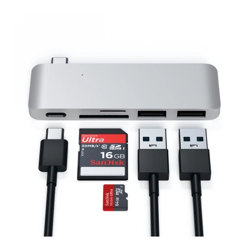 Kup Satechi Hub Typ-C USB-Pass-Through für mobile Geräte USB-C 60W, 2x USB-A, micro/SD-Kartenleser silber - STH83 - {ean13} - Sklep Home Screen
