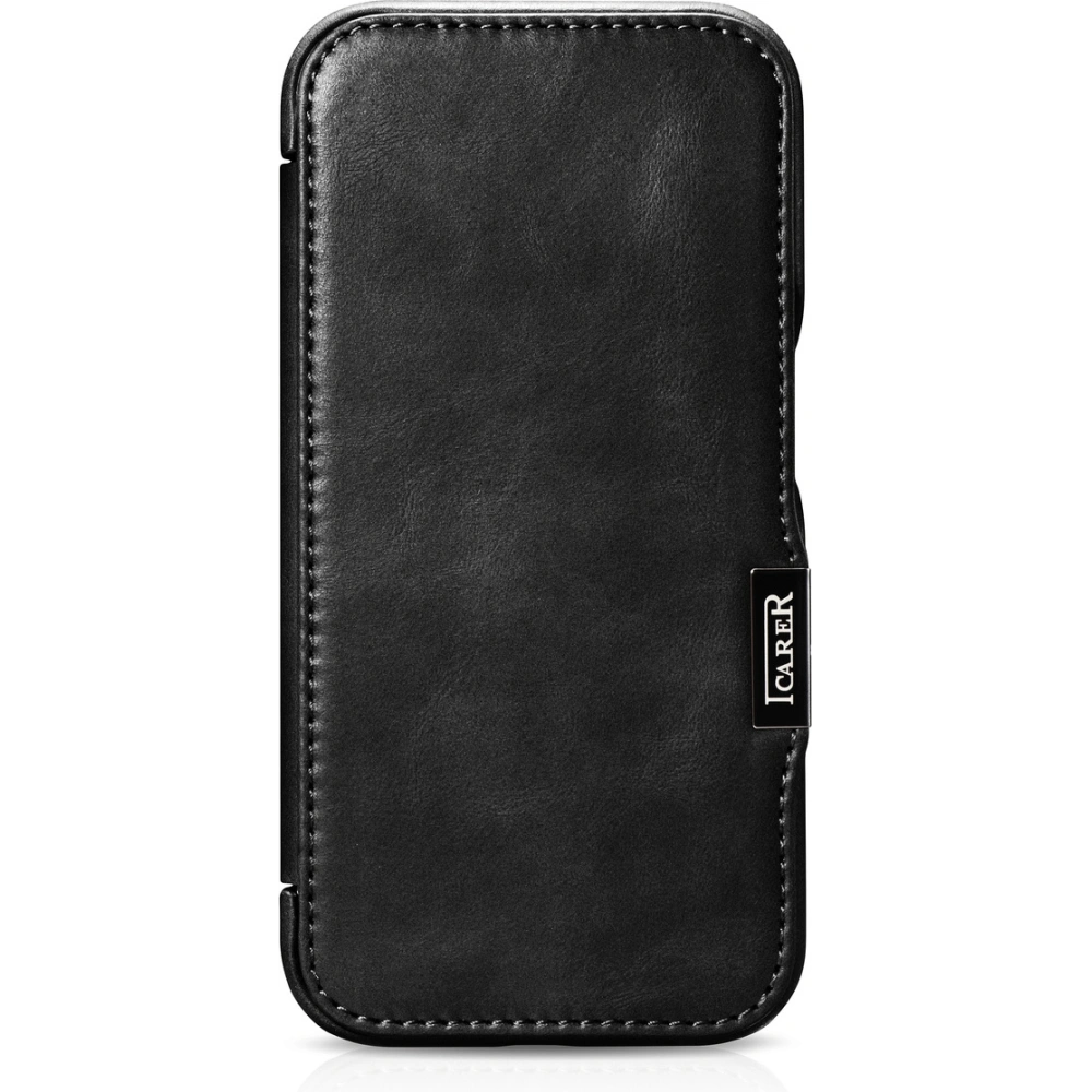 Etui iCarer Curved Edge Oil Wax Real Leather Folio Case MagSafe Apple iPhone 15 Pro czarne