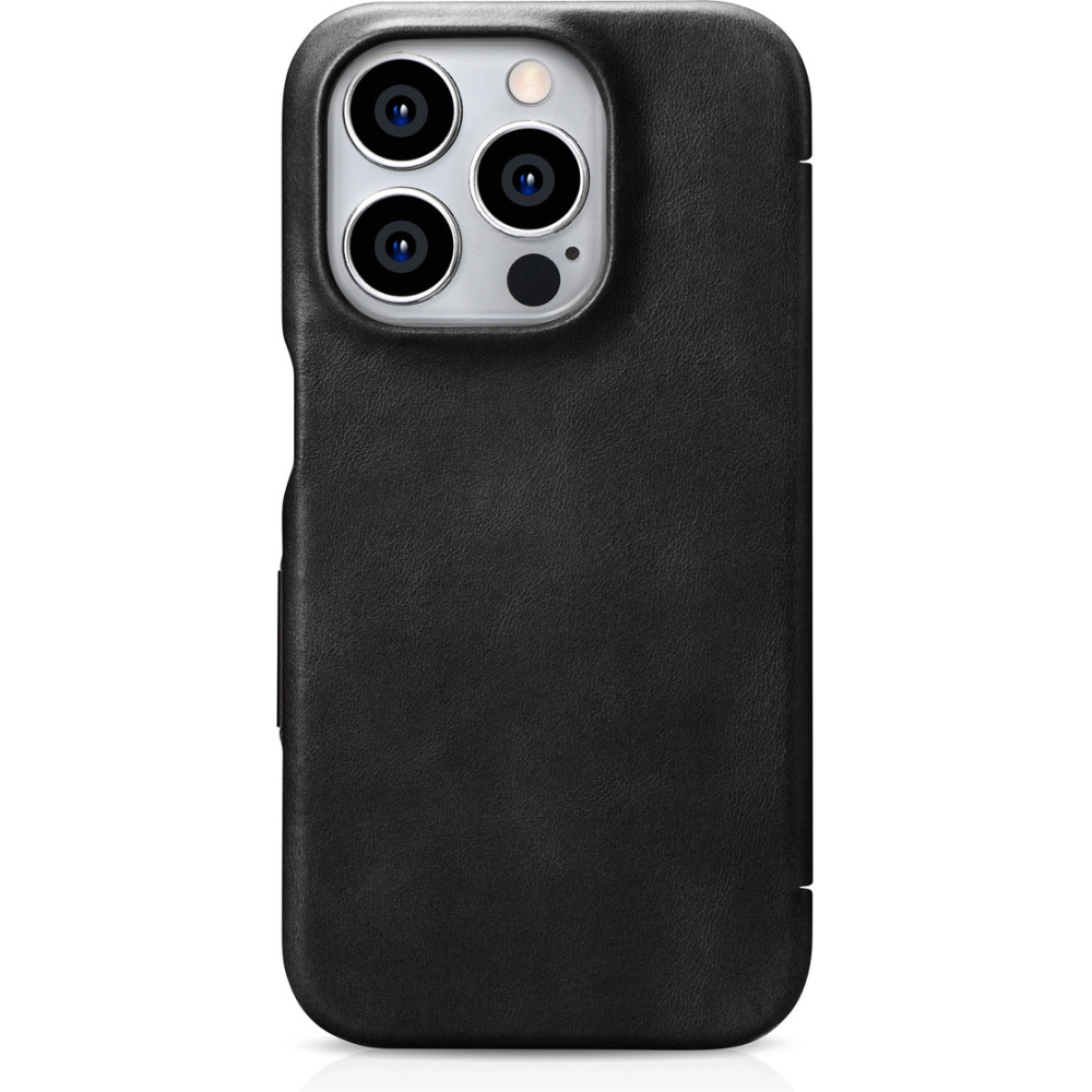 Etui iCarer Curved Edge Oil Wax Real Leather Folio Case MagSafe Apple iPhone 15 Pro czarne