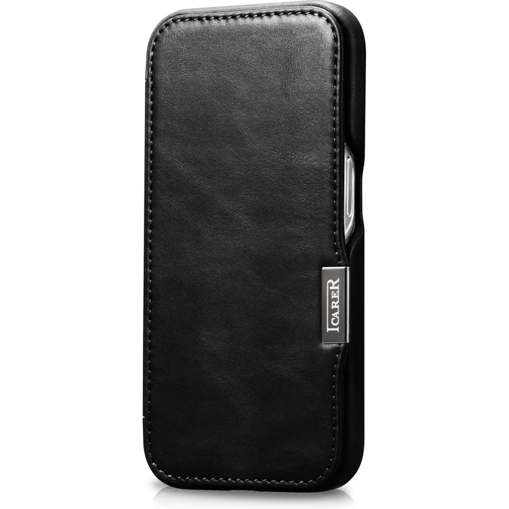 Etui iCarer Curved Edge Oil Wax Real Leather Folio Case MagSafe Apple iPhone 15 Pro czarne