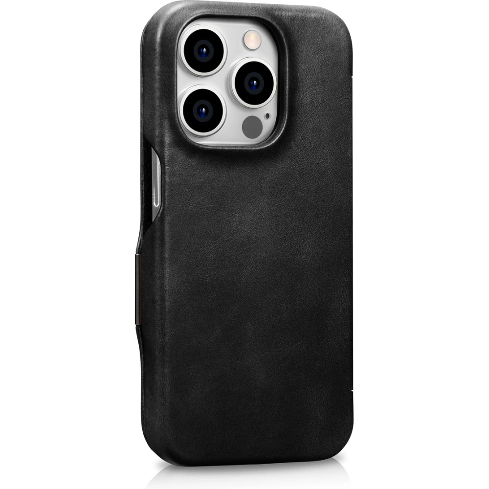 Etui iCarer Curved Edge Oil Wax Real Leather Folio Case MagSafe Apple iPhone 15 Pro czarne