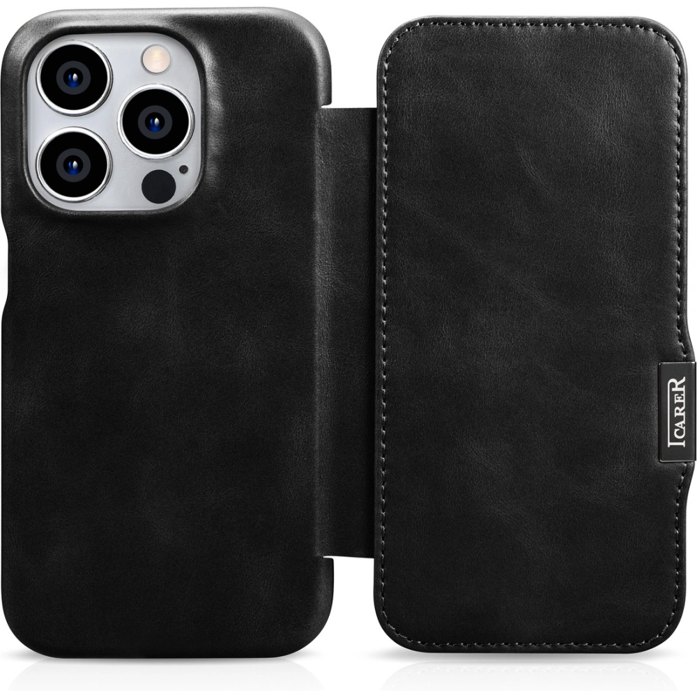 Etui iCarer Curved Edge Oil Wax Real Leather Folio Case MagSafe Apple iPhone 15 Pro czarne