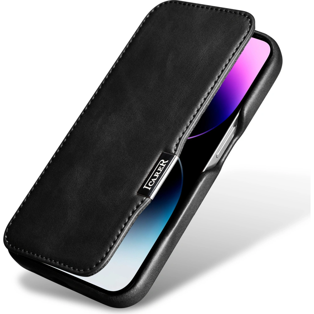 Etui iCarer Curved Edge Oil Wax Real Leather Folio Case MagSafe Apple iPhone 15 Pro czarne