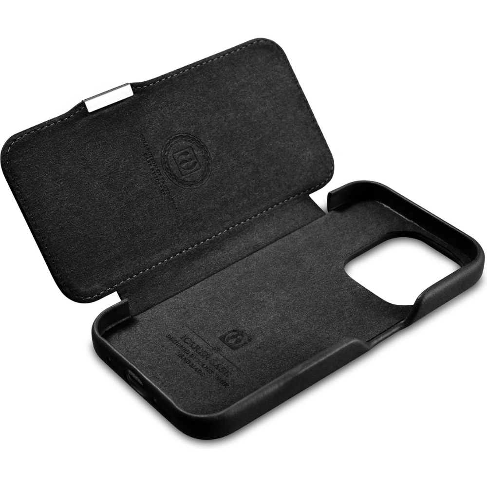 Etui iCarer Curved Edge Oil Wax Real Leather Folio Case MagSafe Apple iPhone 15 Pro czarne