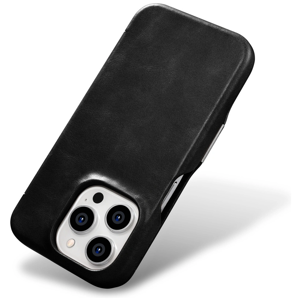 Etui iCarer Curved Edge Oil Wax Real Leather Folio Case MagSafe Apple iPhone 15 Pro czarne