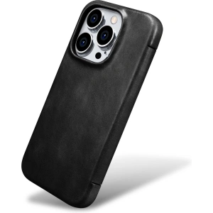 Kup iCarer Apple Carcasă Curved Edge Oil Wax Real Leather Folio Case MagSafe iPhone 15 Pro negru - ICR489 - {ean13} - Sklep Home Screen