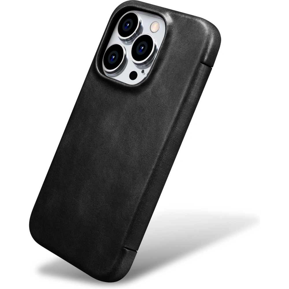 Etui iCarer Curved Edge Oil Wax Real Leather Folio Case MagSafe Apple iPhone 15 Pro czarne