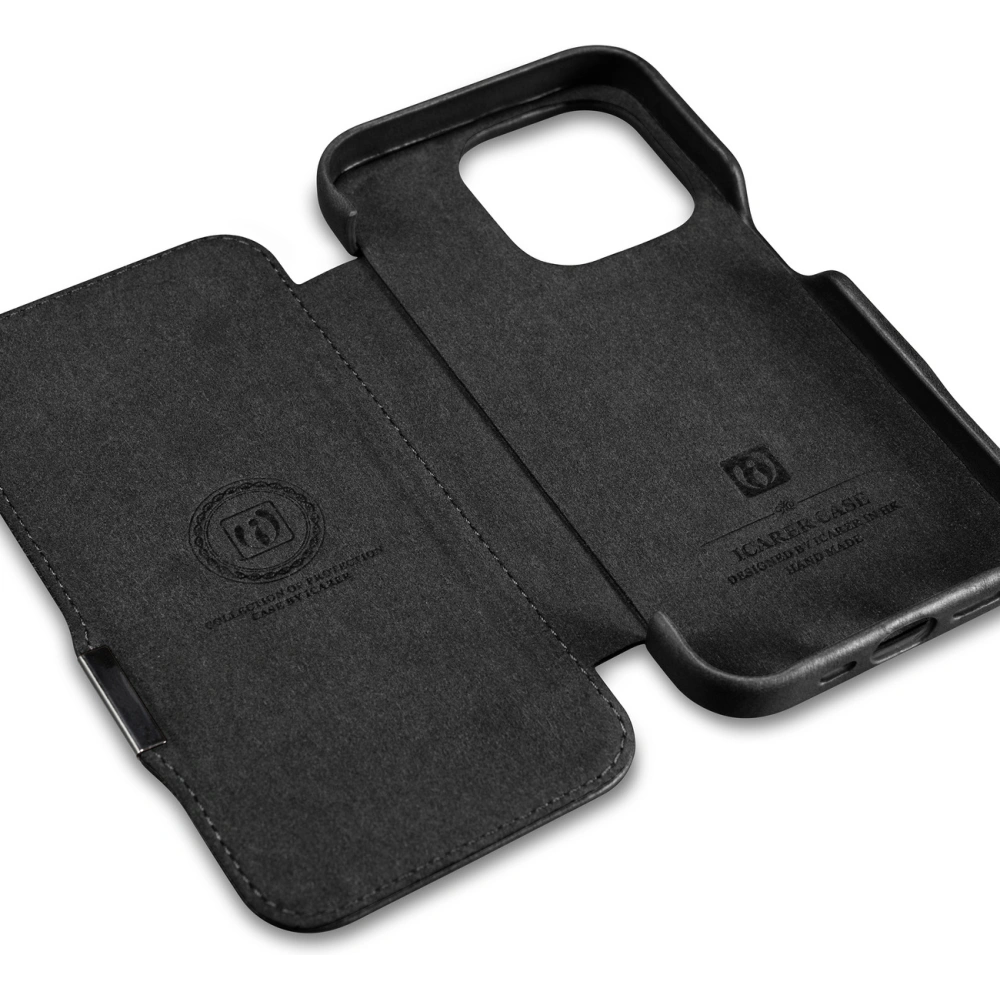 Etui iCarer Curved Edge Oil Wax Real Leather Folio Case MagSafe Apple iPhone 15 Pro czarne