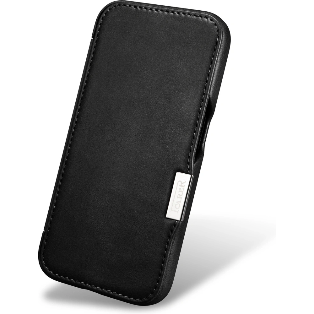 Etui iCarer Curved Edge Oil Wax Real Leather Folio Case MagSafe Apple iPhone 15 Pro czarne