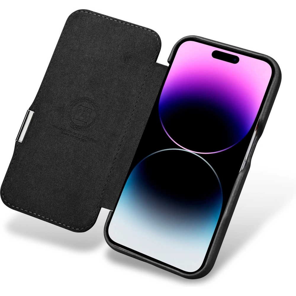 Etui iCarer Curved Edge Oil Wax Real Leather Folio Case MagSafe Apple iPhone 15 Pro czarne