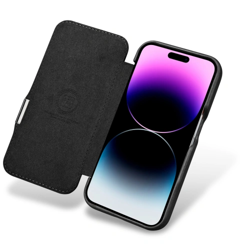 Kup Etui iCarer Curved Edge Oil Wax Real Leather Folio Case MagSafe Apple iPhone 15 czarne - ICR490 - {ean13} - Sklep Home Screen