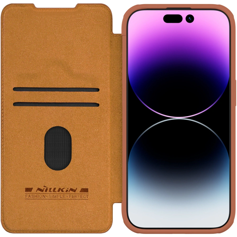 Etui z klapką Nillkin Qin Leather Pro z osłoną aparatu Apple iPhone 15 Pro Max brązowe