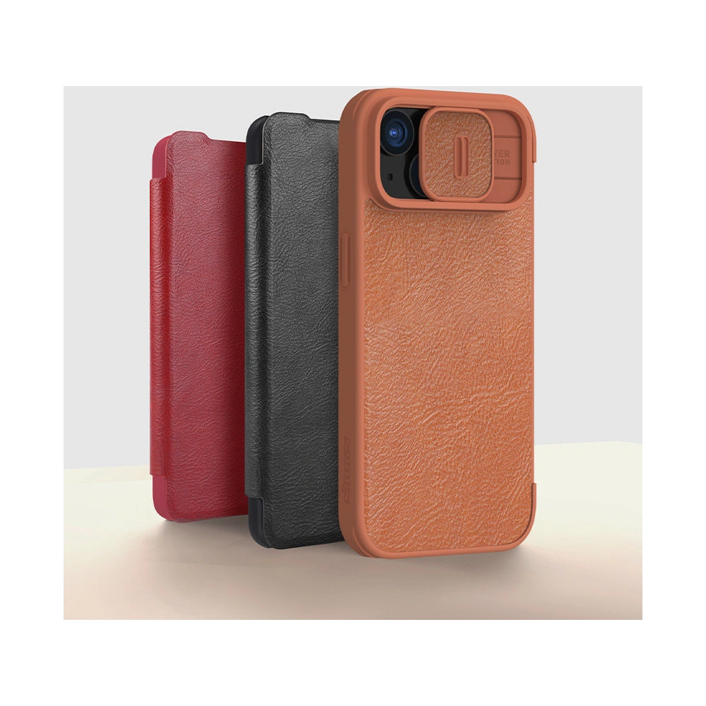 Etui z klapką Nillkin Qin Leather Pro z osłoną aparatu Apple iPhone 15 Pro Max brązowe