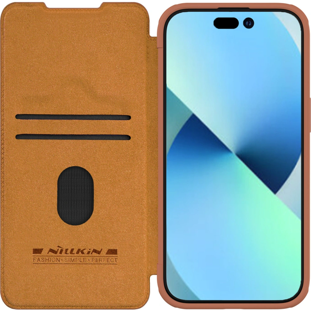 Etui z klapką Nillkin Qin Leather Pro z osłoną aparatu Apple iPhone 15 Plus / 14 Plus brązowe
