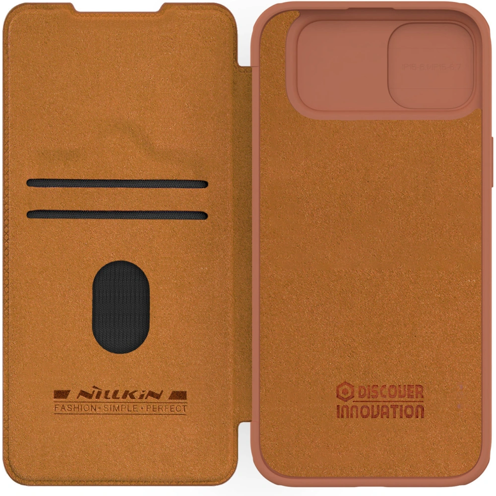 Etui z klapką Nillkin Qin Leather Pro z osłoną aparatu Apple iPhone 15 Plus / 14 Plus brązowe