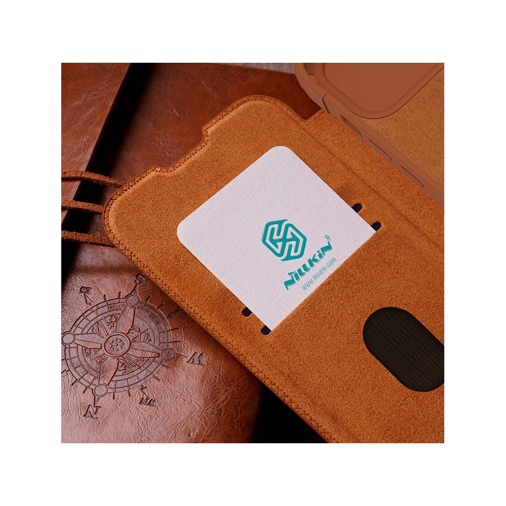 Etui z klapką Nillkin Qin Leather Pro z osłoną aparatu Apple iPhone 15 Plus / 14 Plus brązowe