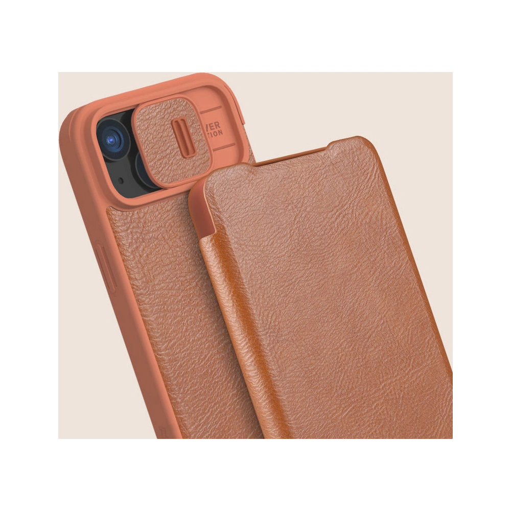 Etui z klapką Nillkin Qin Leather Pro z osłoną aparatu Apple iPhone 15 Plus / 14 Plus brązowe