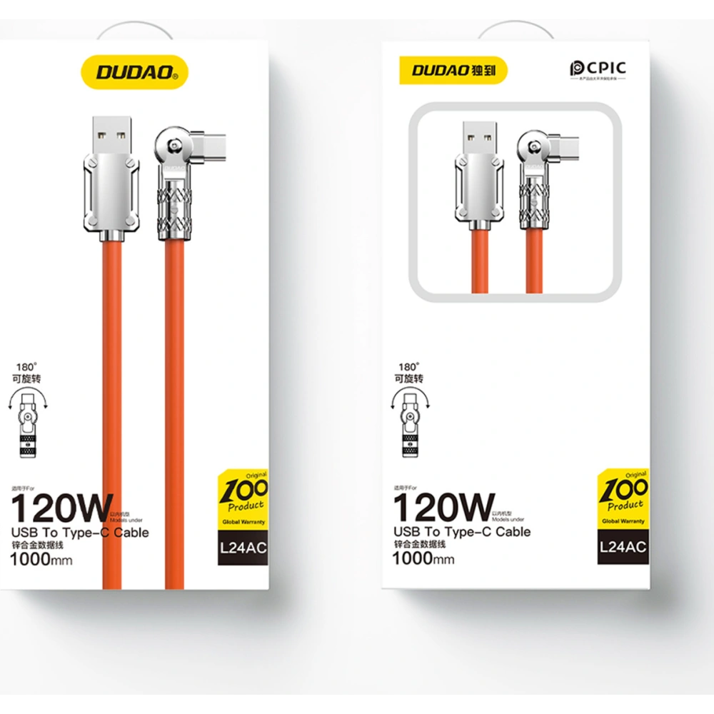 Kabel kątowy Dudao L24AC USB-A / USB-C 120W, 1m pomarańczowy
