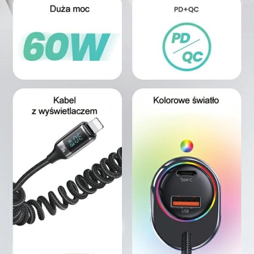Kup Ładowarka samochodowa USAMS US-CC193 1xUSB-A 18W+1xUSB-C 30W + kabel Ligtning 30W PD+QC Fast Charge czarny/black - USA990 - {ean13} - Sklep Home Screen