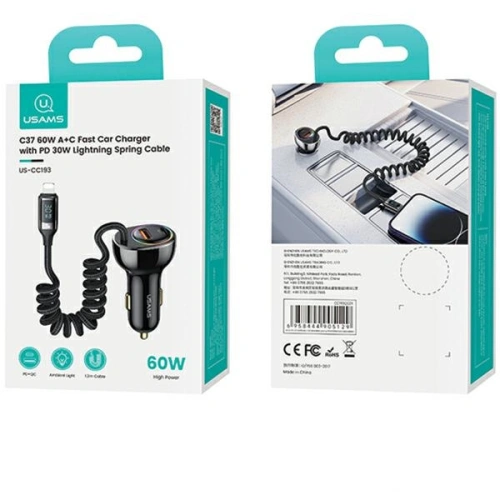 Kup Ładowarka samochodowa USAMS US-CC193 1xUSB-A 18W+1xUSB-C 30W + kabel Ligtning 30W PD+QC Fast Charge czarny/black - USA990 - {ean13} - Sklep Home Screen