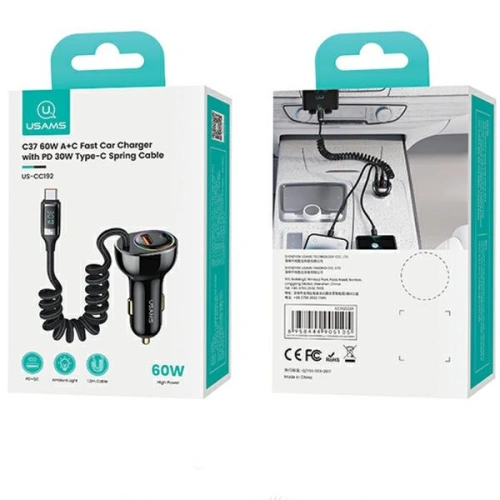 Kup USAMS US-CC192 încărcător auto 1xUSB-A 18W+1xUSB-C 30W + USB-C 30W PD+QC Fast Charge cablu negru / negru - USA991 - {ean13} - Sklep Home Screen