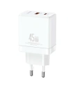 USAMS CC178TC02 1xUSB-C+1xUSB-A 45W GaN PD+QC Încărcare rapidă alb/alb