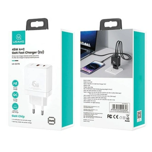 Kup USAMS CC178TC02 1xUSB-C+1xUSB-A 45W GaN PD+QC Încărcare rapidă alb/alb - USA1001 - {ean13} - Sklep Home Screen