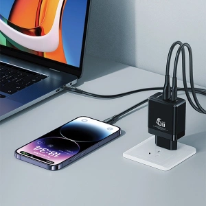 Ładowarka sieciowa USAMS CC178TC01 1xUSB-C+1xUSB-A 45W GaN PD+QC Fast Charging czarny/black