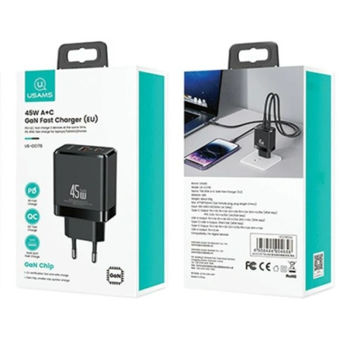Kup Ładowarka sieciowa USAMS CC178TC01 1xUSB-C+1xUSB-A 45W GaN PD+QC Fast Charging czarny/black - USA1002 - {ean13} - Sklep Home Screen