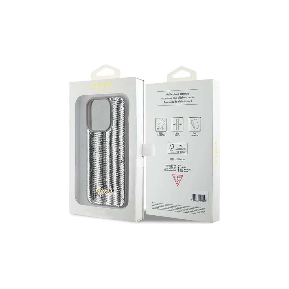 Etui Guess GUHCP15LPSFDGSS Apple iPhone 15 Pro hardcase Sequin Script Metal srebrny/silver