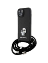Karl Lagerfeld Apple Geantă KLHCP15SSAKCPSK iPhone 15 hardcase Crossbody Saffiano Metal Pin Karl & Choupette negru/negru