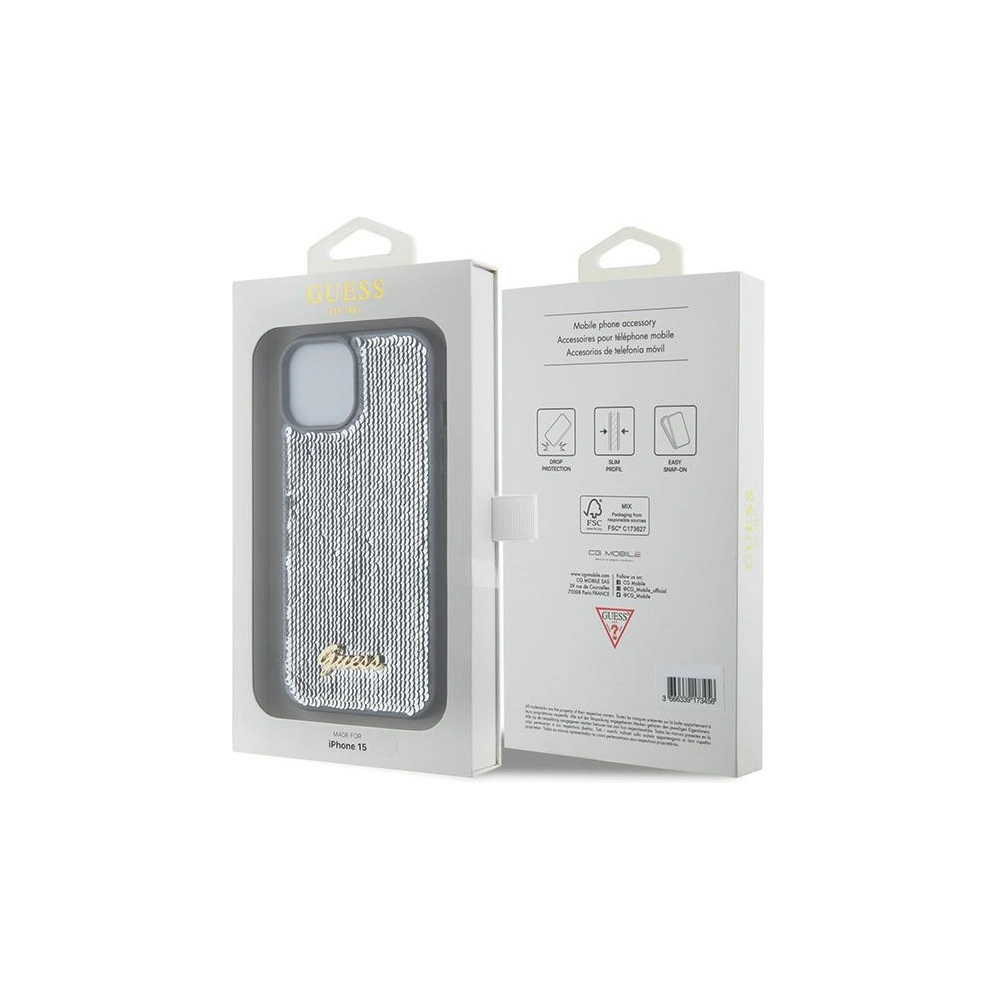 Etui Guess GUHCP15SPSFDGSS Apple iPhone 15 hardcase Sequin Script Metal srebrny/silver