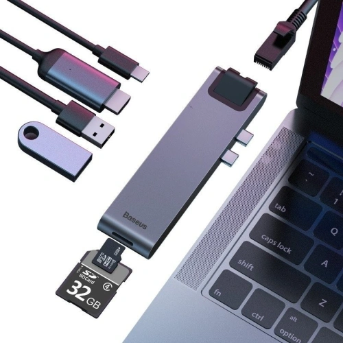 Kup Hub Adapter 7w1 Baseus do MacBook Pro 2016/2017/2018 USB 3.0 x2, USB-C, HDMI, SD, microSD, Ethernet RJ45 - BSU364 - {ean13} - Sklep Home Screen