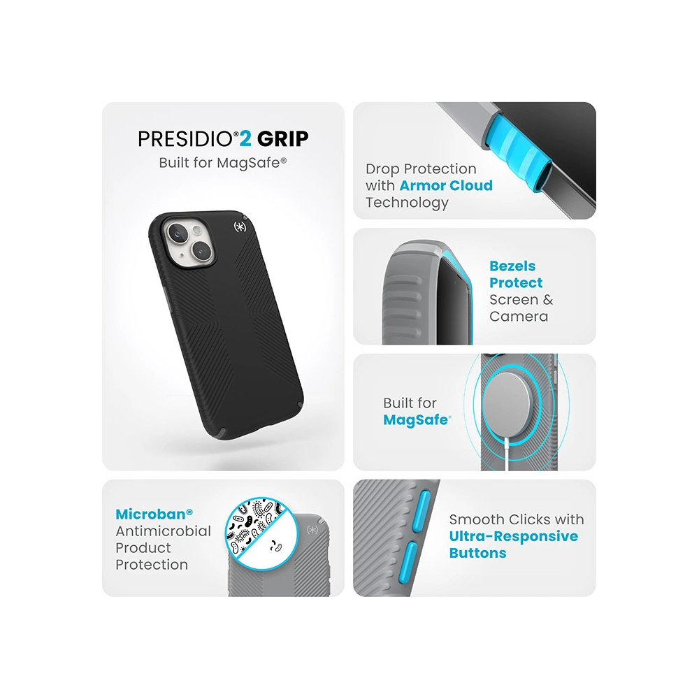 Etui Speck Presidio2 Grip MagSafe Apple iPhone 15 (Black/Slate Grey/White)