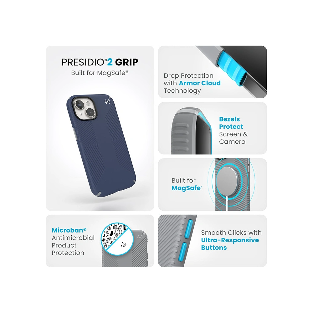 Etui Speck Presidio2 Grip MagSafe Apple iPhone 15 (Coastal Blue/Dustgrey/White)