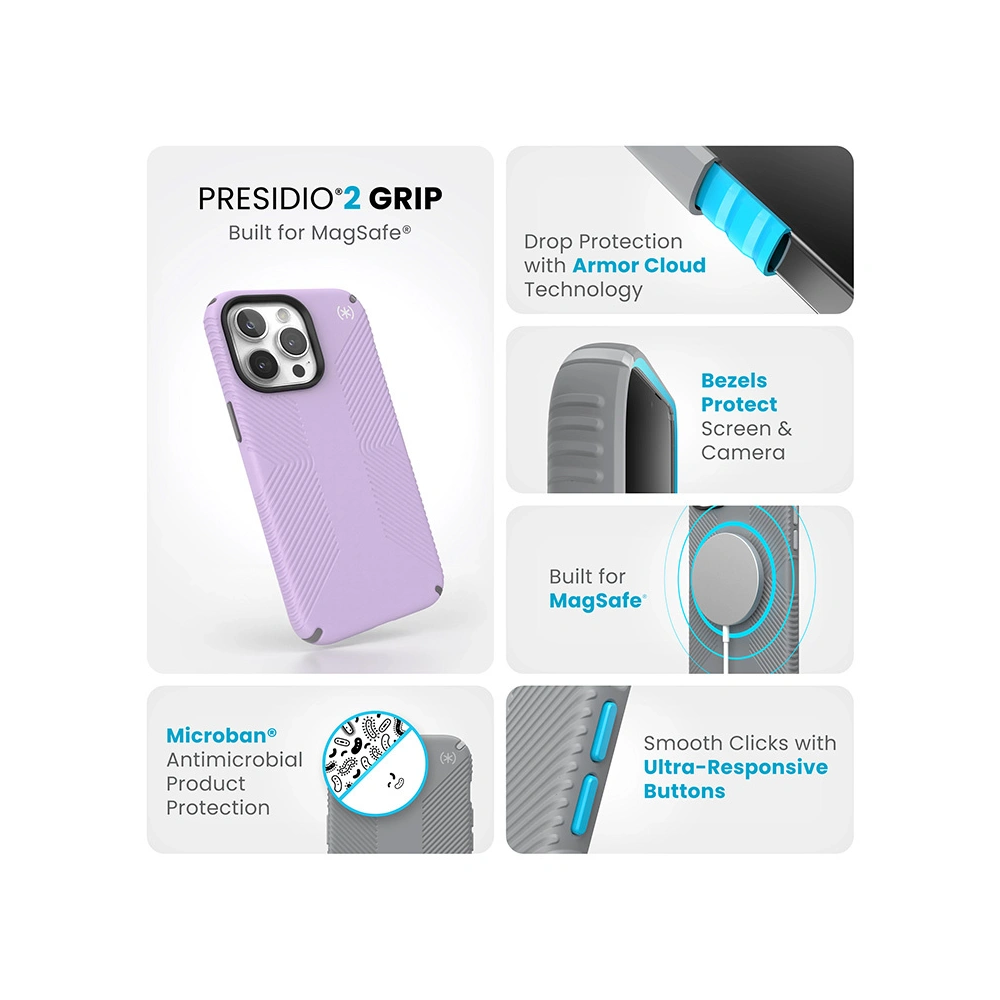 Etui Speck Presidio2 Grip MagSafe Apple iPhone 15 Pro Max (Spring Purple/Cloudy Grey/White)
