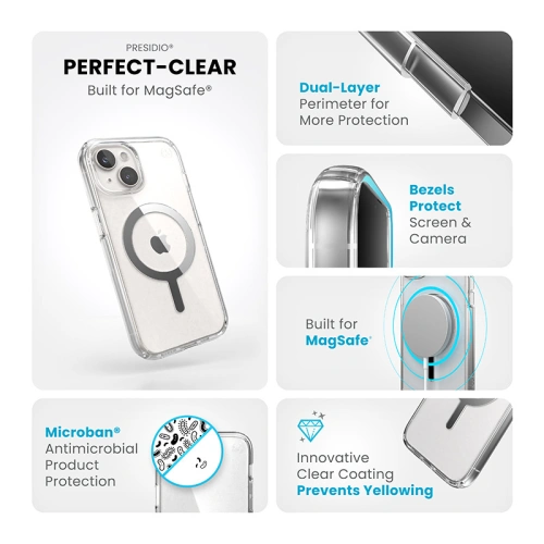 Buy Speck Presidio Perfect-Clear MagSafe Apple iPhone 15 (Clear/Chrome Finish/Serene Silver) - SPK522 - {ean13} - Home Screen Store Europe