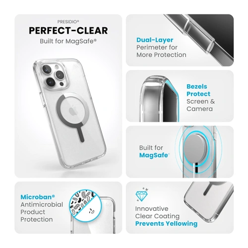 Kup Speck Apple Carcasă Presidio Perfect-Clear MagSafe iPhone 15 Pro (Transparent/Finisaj cromat/Serene Silver) - SPK524 - {ean13} - Sklep Home Screen